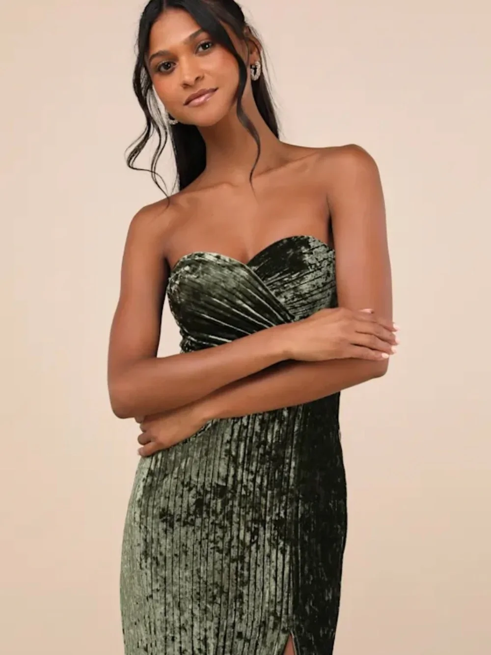 Lulu's Olive Green Strapless Velvet Gown with Side Slit - Picture 2 of 4